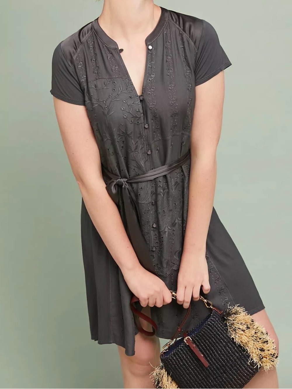 Tiny by Anthropologie Stone Harbor Shirt Dress Sz L gray Lagenlook Boho Eyelet